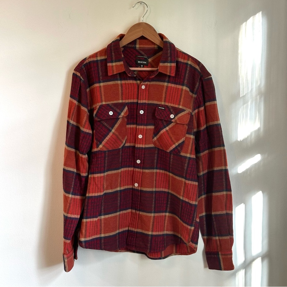 NWT Brixton Bowery Plaid Flannel Shirt, Mahogany/Burnt Henna/Mars Red